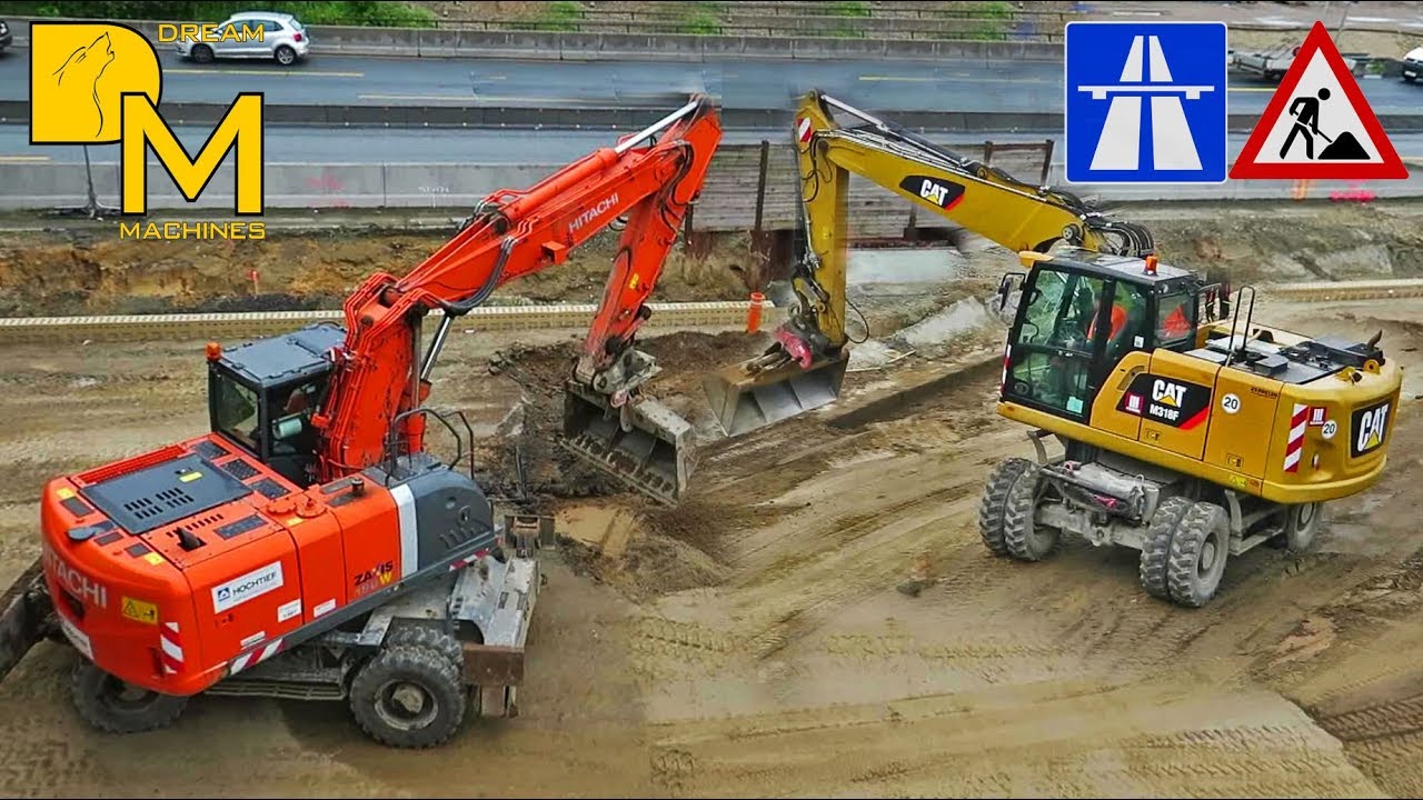 HITACHI ZAXIS BAGGER + CATERPILLAR GRADER + BAGGER / MEGA AUTOBAHN BAUSTELLE DOKU #74
