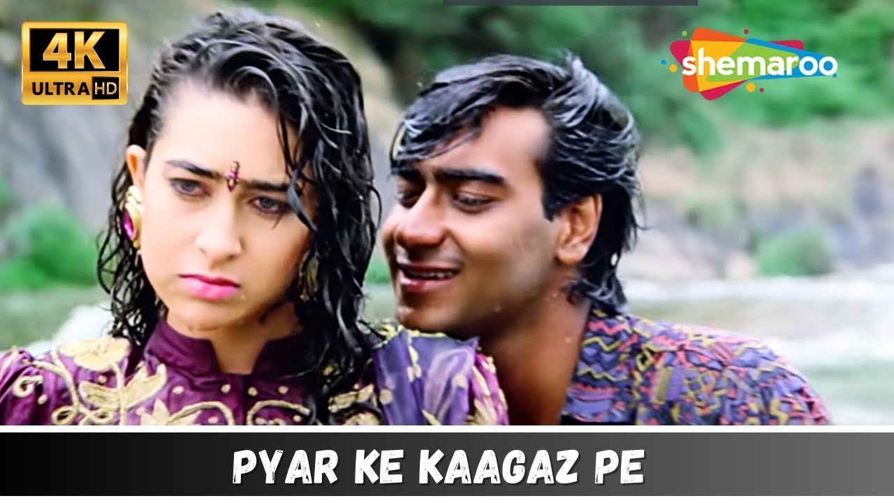 Pyar Ke Kaagaz Pe - 4K Video | Jigar | Ajay Devgan, Karishma Kapoor | Abhijeet | 90's Romantic Songs