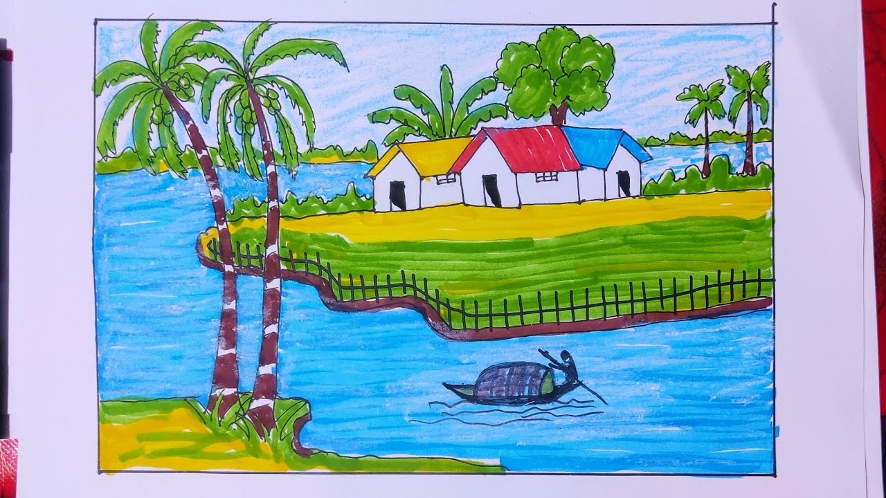 easy Village scenery drawing a step by step || scenery drawing tutorial #easydrawing 