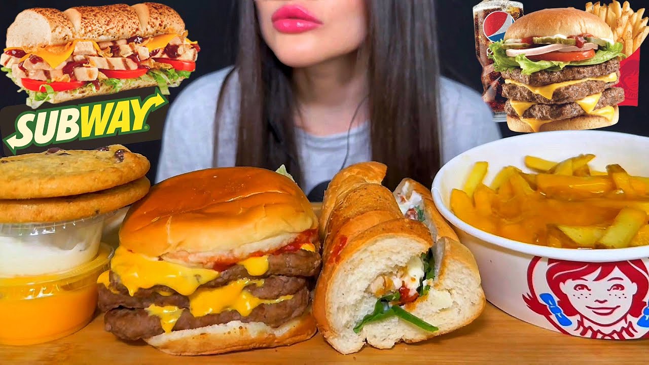 ASMR WENDY'S + SUBWAY | TRIPLE CHEESE BURGER, CHICKEN SANDWICH, CHEESE FRIES | FAST FOOD MUKBANG