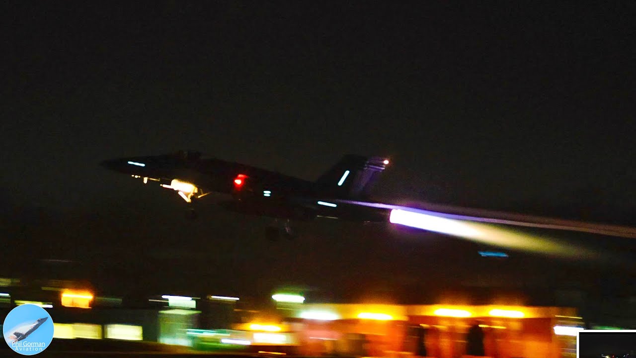 Full Afterburners in the dark, take-off from RAF Leeming, Swiss F/A-18 Fighter Jets!