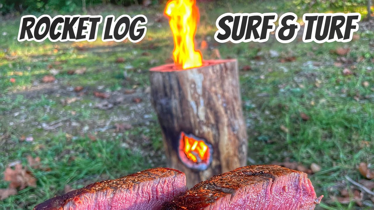 Rocket stove surf & turf - Jet Wood Log - bushcraft fire