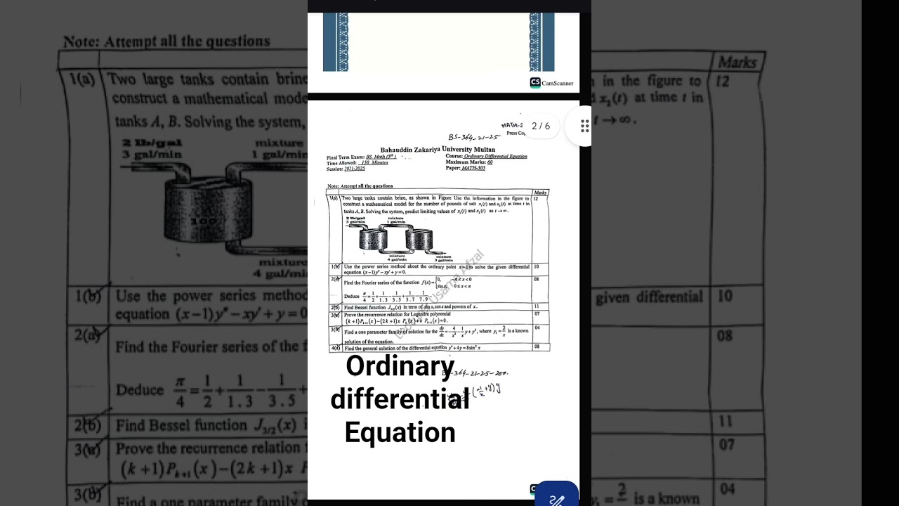 Ordinary differential Equation past paper BZU Multan