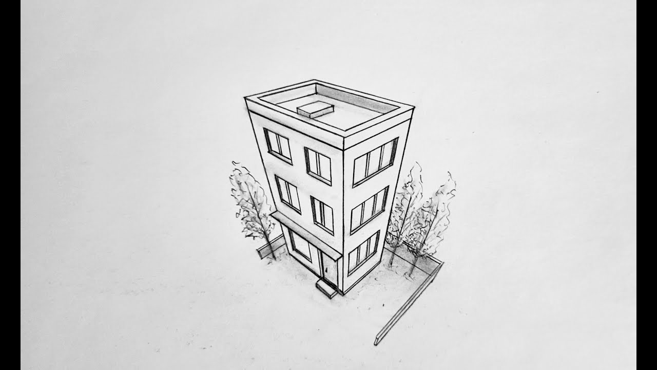 How to draw a house in three point perspective, bird's eye view