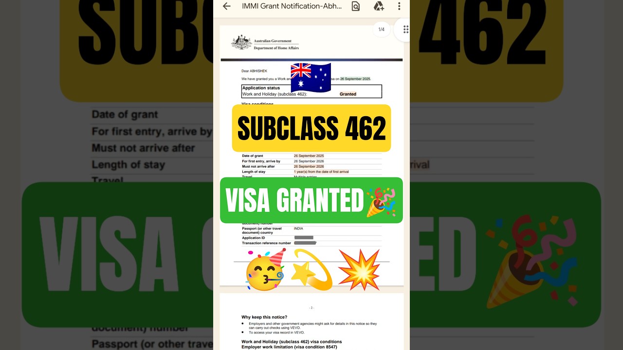 VISA GRANTED TODAY 🎉 Australia Subclass 462 Visa | Work and Holiday Visa #visagrant #workingholiday