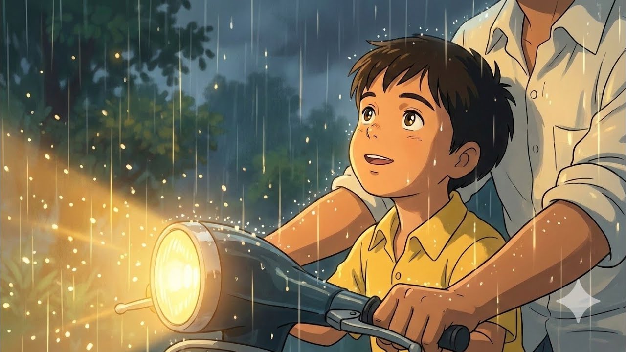 Family of Four Riding One Scooter in Heavy Rain | Emotional Indian Night Ambience (Ghibli Style)