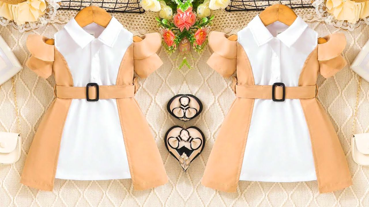 Very Easy And Beautiful Two Tone Short Sleeve Belted Baby Shirt Dress Cutting and Stitching