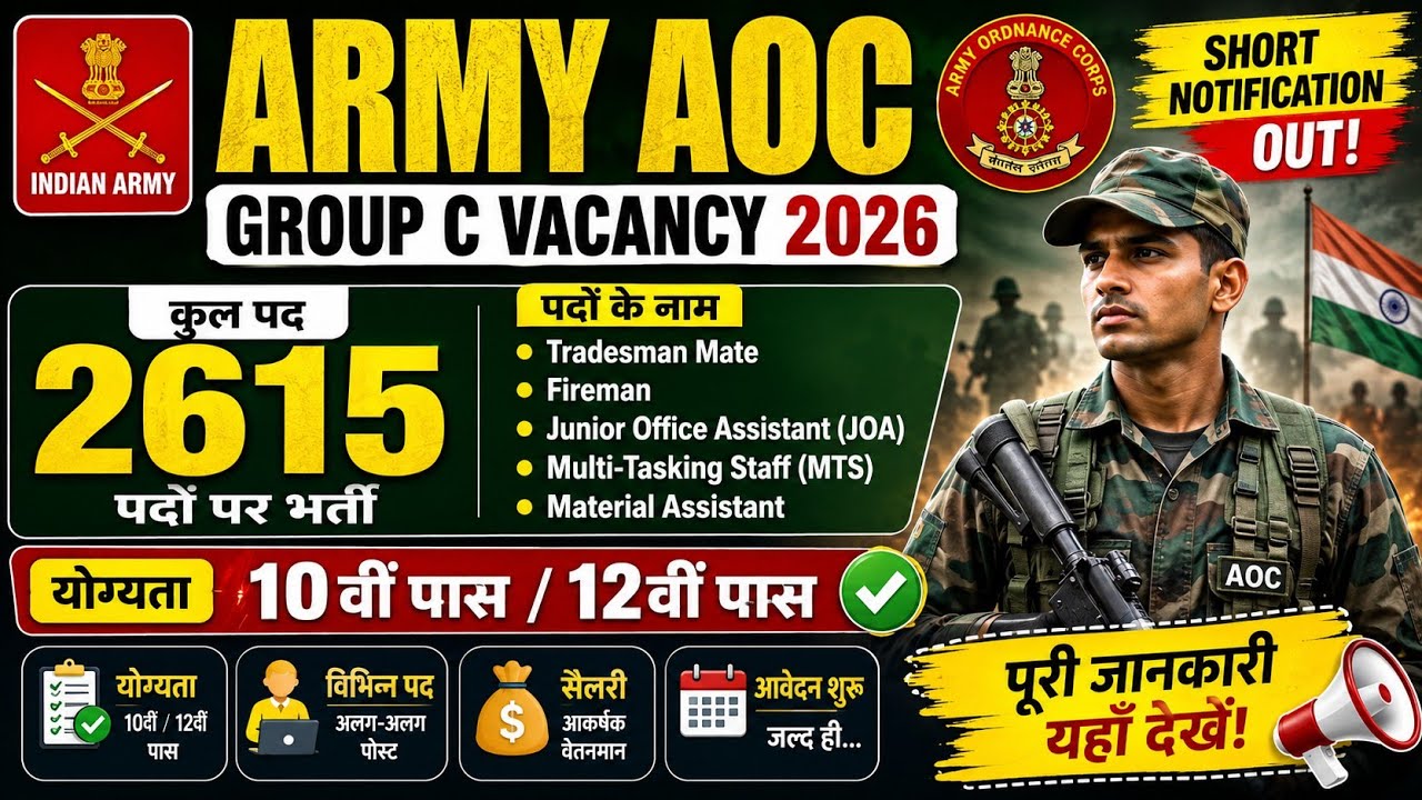 🚨Army AOC Group C Vacancy 2026 🔥 | 2615 पदों पर भर्ती | 10वीं/12वीं पास | AOC Group C Bharti 2026