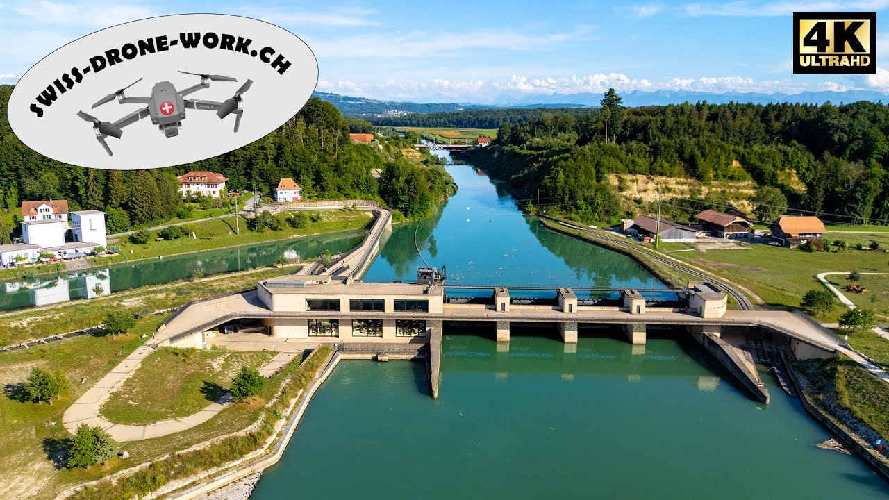 Natur trifft Technik: Atemberaubende Drohnenaufnahmen Wasserkraftwerk Hagneck und Bucht am Bielersee