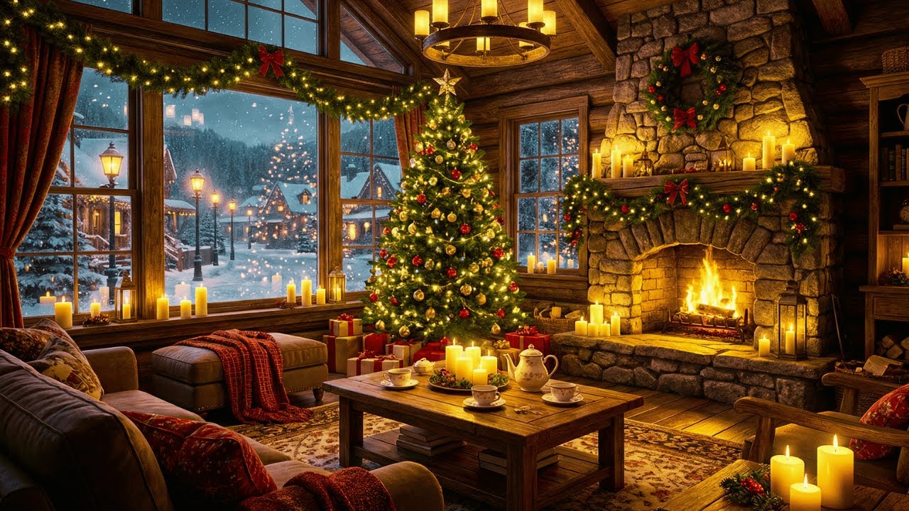 Beautiful Christmas Music 🎄 Cozy Fireplace & Soft Snowfall for Deep Relaxation