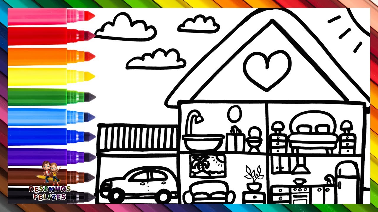 Desenhar e Colorir uma Mans&atilde;o Grande 🏠🚗🛋️🚽🛏️🌞🌈 Desenhos para Crian&ccedil;as