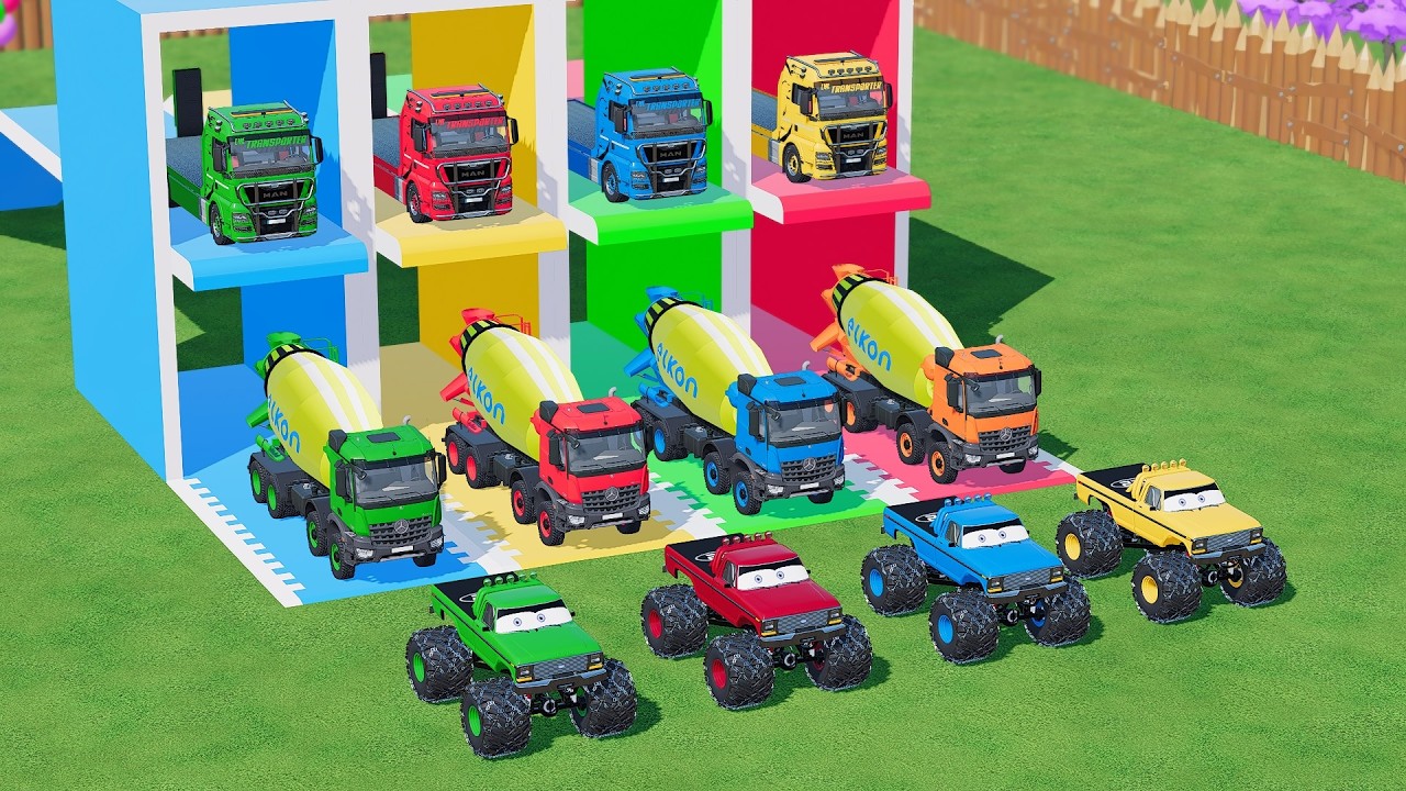 Garage with Colors - ALL MIXER TRUCK WITH DOUBLE FLATBED TRAILER TRUCK, MERCEDES, MAN, FUSO, MACK