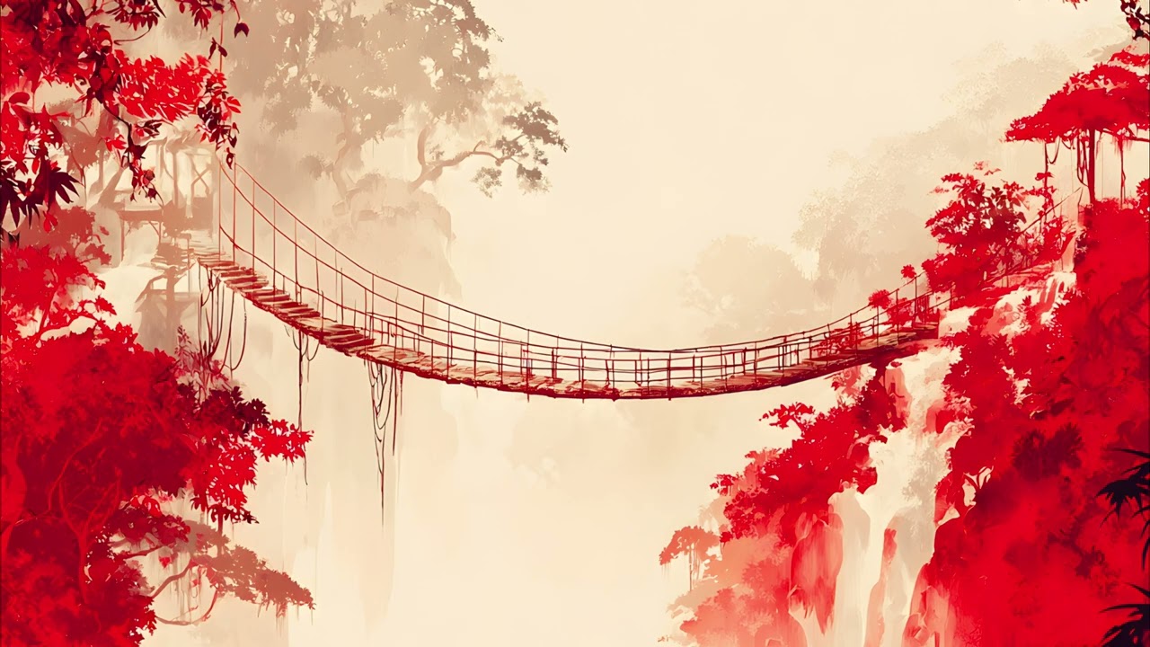Red Suspension Bridge in Mist | 2 Hour Frame TV Art | Japanese Style art for your screen TV