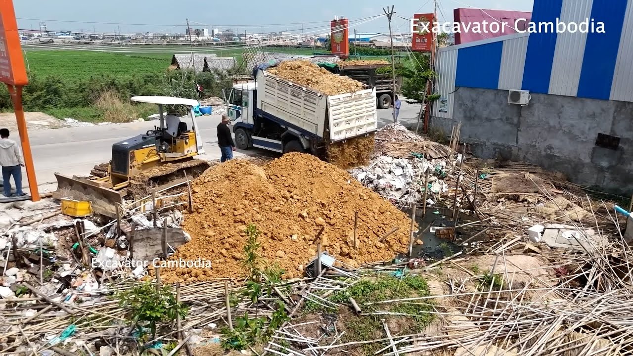 100%Full Video Project Bury Trash By 10 Wheel - 5Ton Truck Unloading Soil & MITSUBISHI Dozer Pushing