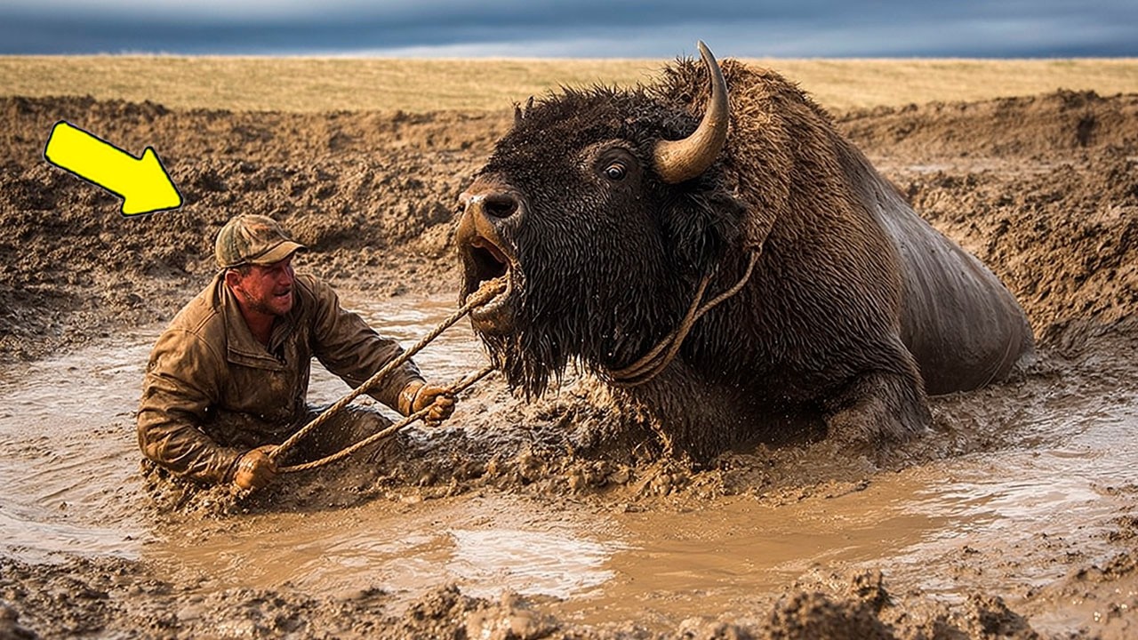 Farmer Risks All to Save Bison Trapped in Muddy Hole, Begging for Help. The Reaction is Shocking...