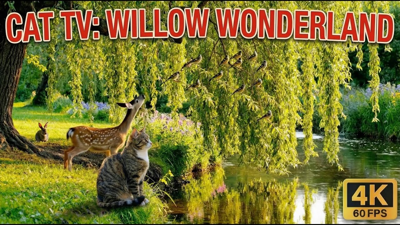 Cat TV for Cats to Watch 🦌 Baby Deer & Birds under Willow Tree - 8 Hours