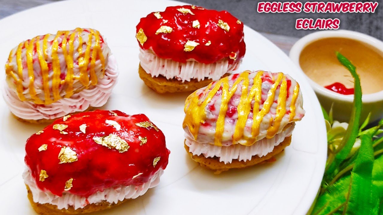 EGGLESS STRAWBERRY ECLAIR|MAGICINTHEOVEN| #choux #chouxpastry#eggless#eclair #strawberry #valentine