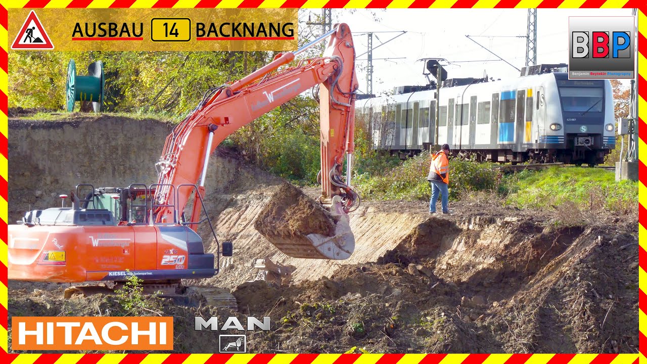 HITACHI ZX250-7 & MAN, Mercedes, Renault, Scania Kipper -  Ausbau B14 Backnang, 2025. Teil 4