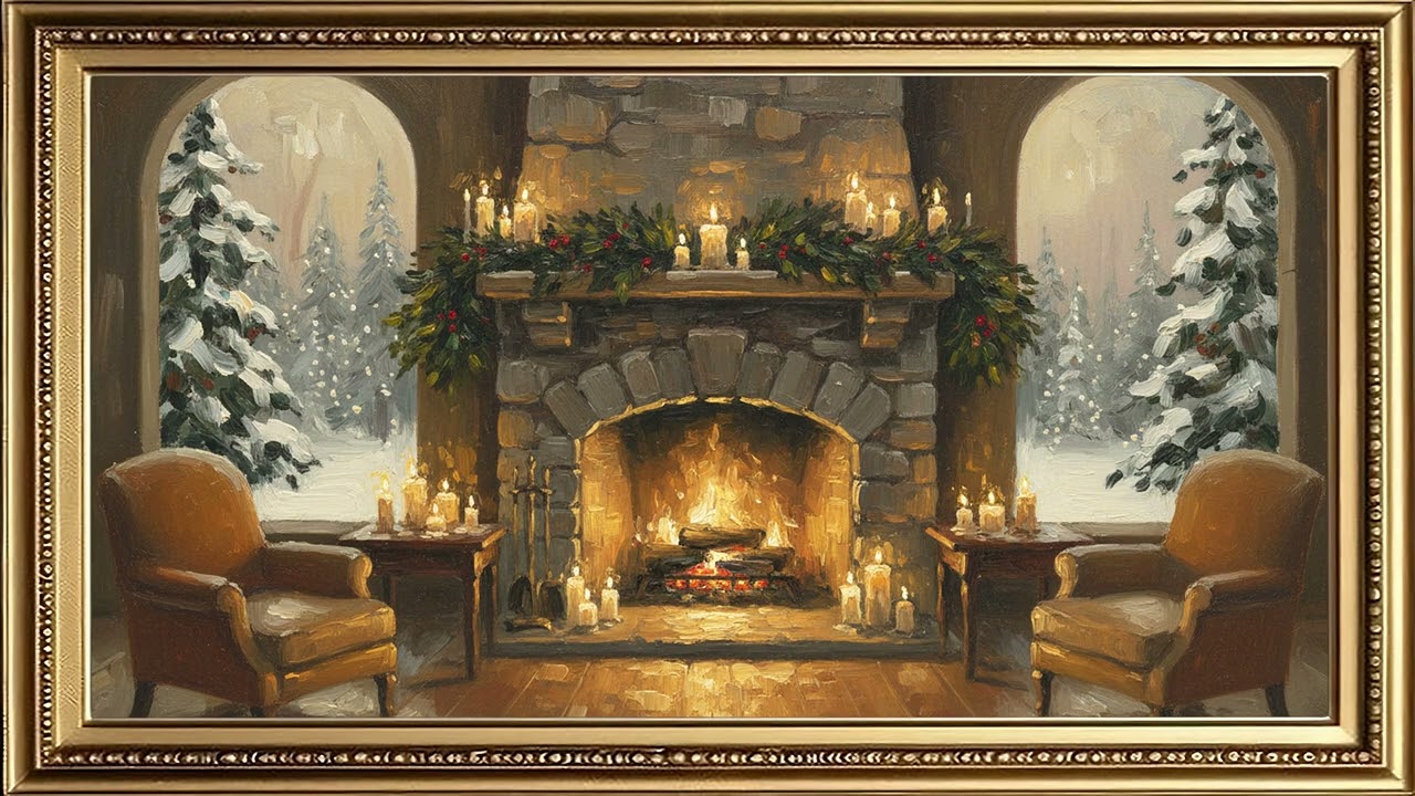 Rustic Fireplace Glow 🔥 | Vintage Oil Painting | 4K Gold Framed TV Art Screensaver Wallpaper