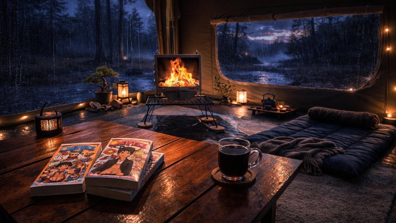 Rain on Tent ⛺🌧️ Cozy Crackling Fireplace with Strong Wind for Deep Sleep (No Thunder)