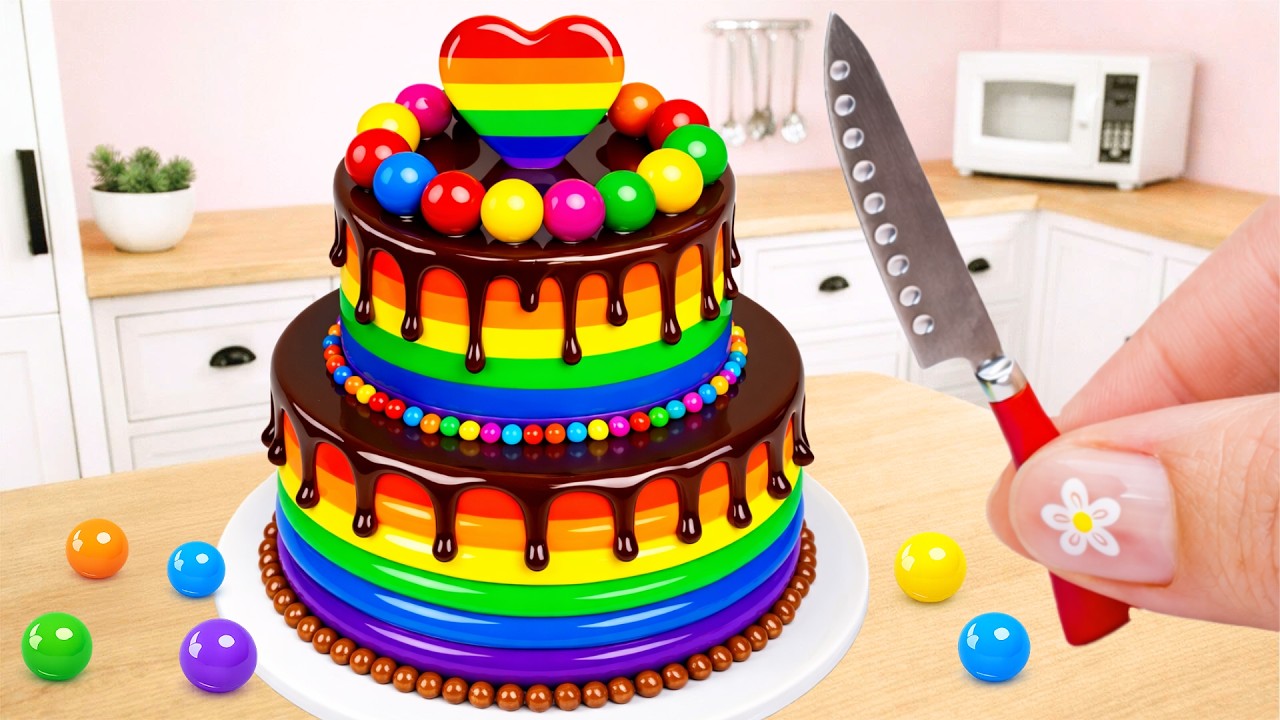 Miniature Rainbow Heart Cake 🌈🍫 Chocolate Drip Candy Decorating | Mini Baking – Amazing Cake