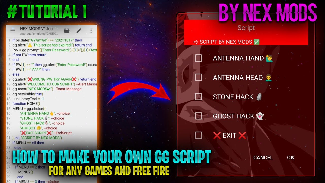 HOW TO MAKE YOUR OWN FREE FIRE OR ANY GAMES GG LUA SCRIPT 🔥😳| TUTORIAL BY NEX MODS #1 | PART 1