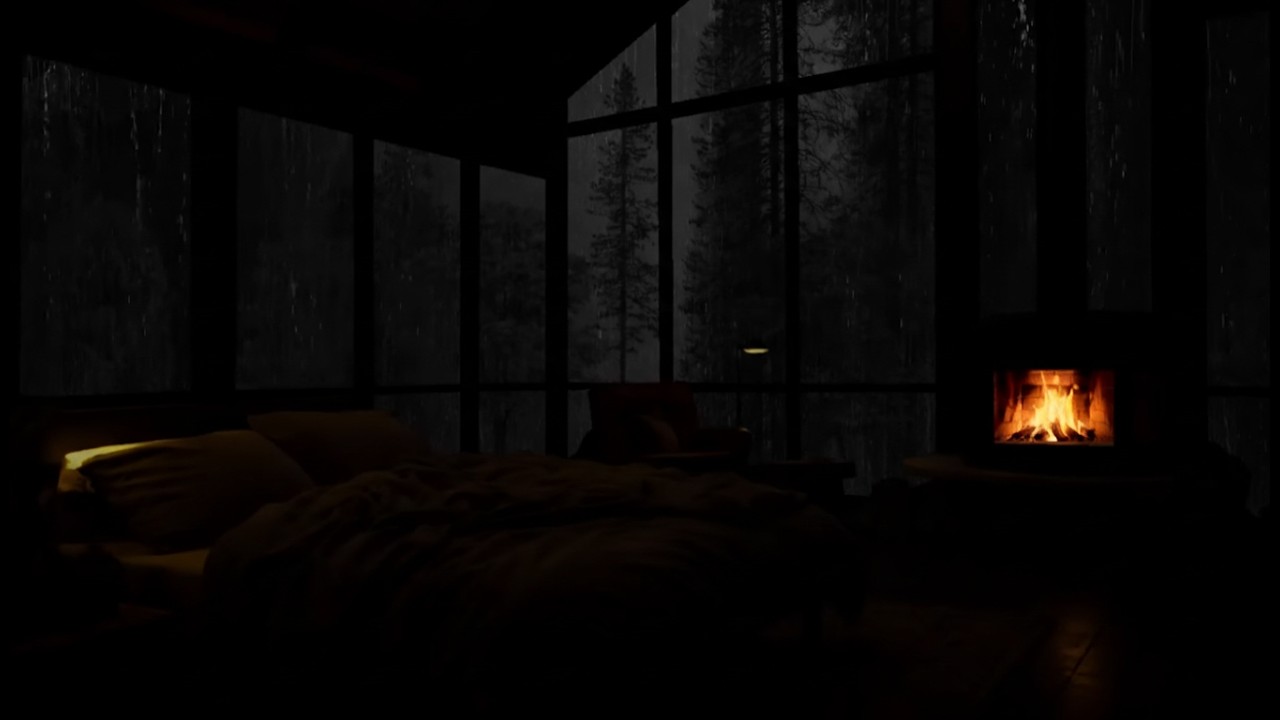 Peaceful Cabin Night – Soft Rain & Fireplace for Instant Relaxation🔥🌧️