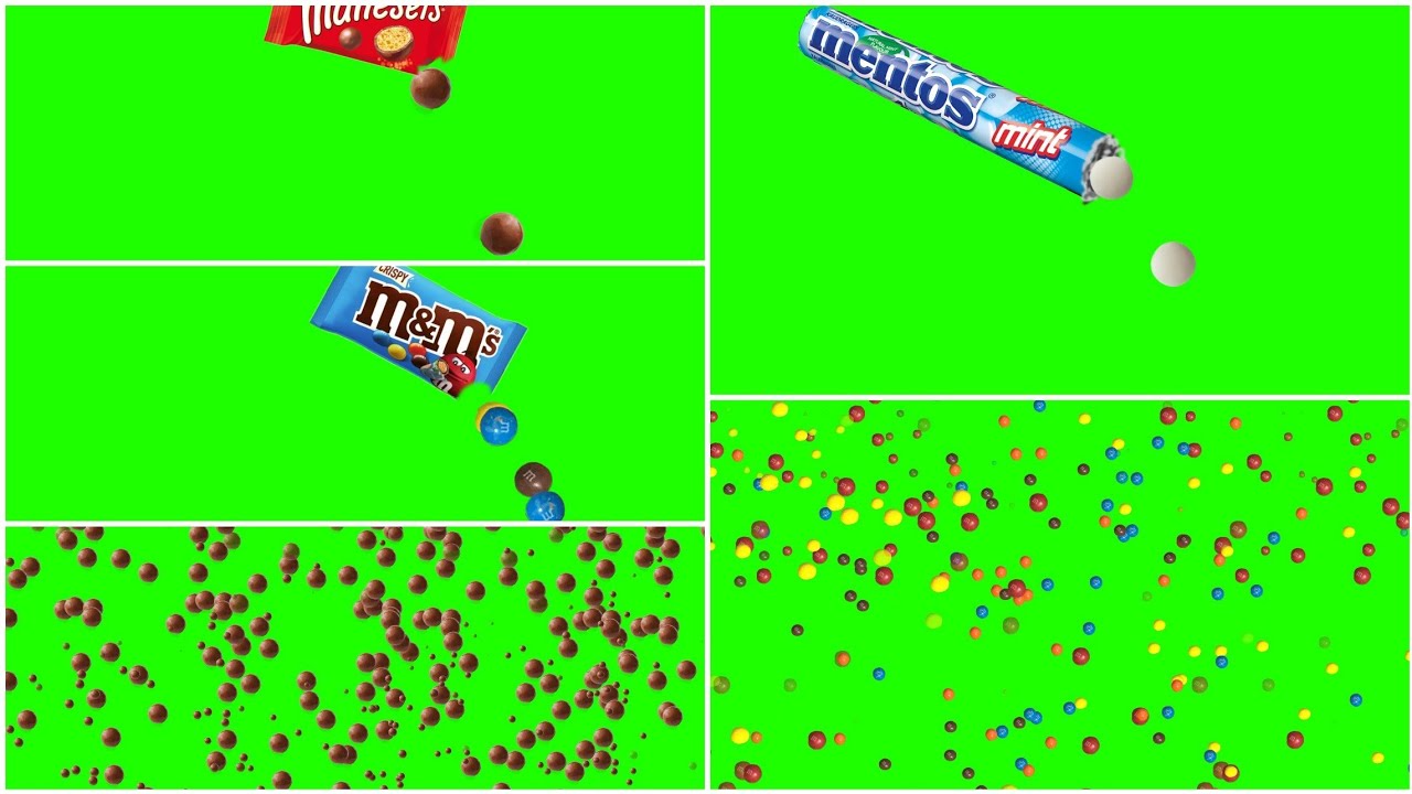 Greencreen animation maltesers, mentos, m&m, Mars, snikers candy rain No copyrights/royaltyfree