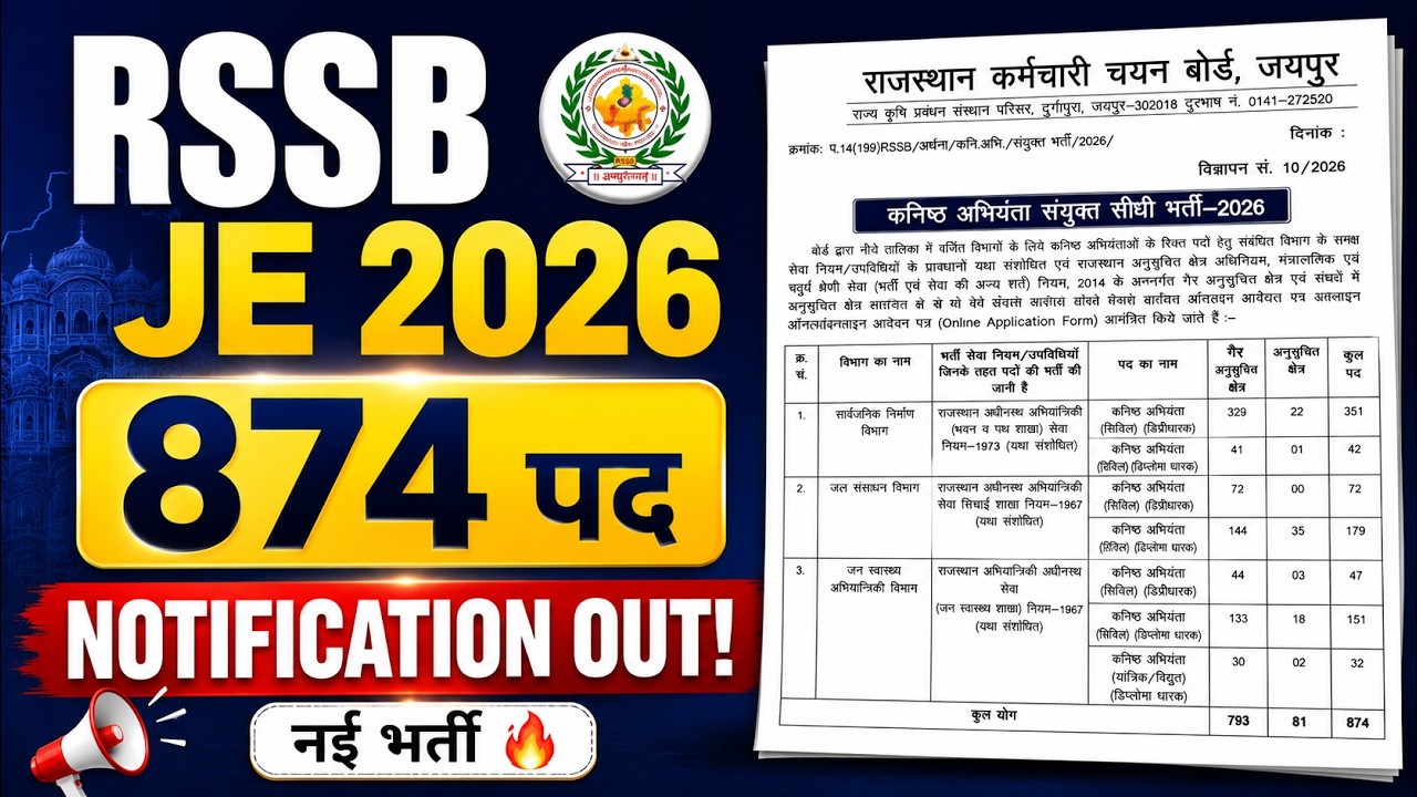 RSSB JE Recruitment 2026 | Notification OUT | 874 Posts | Rajasthan JE Exam date 17 FEBURARY 2026
