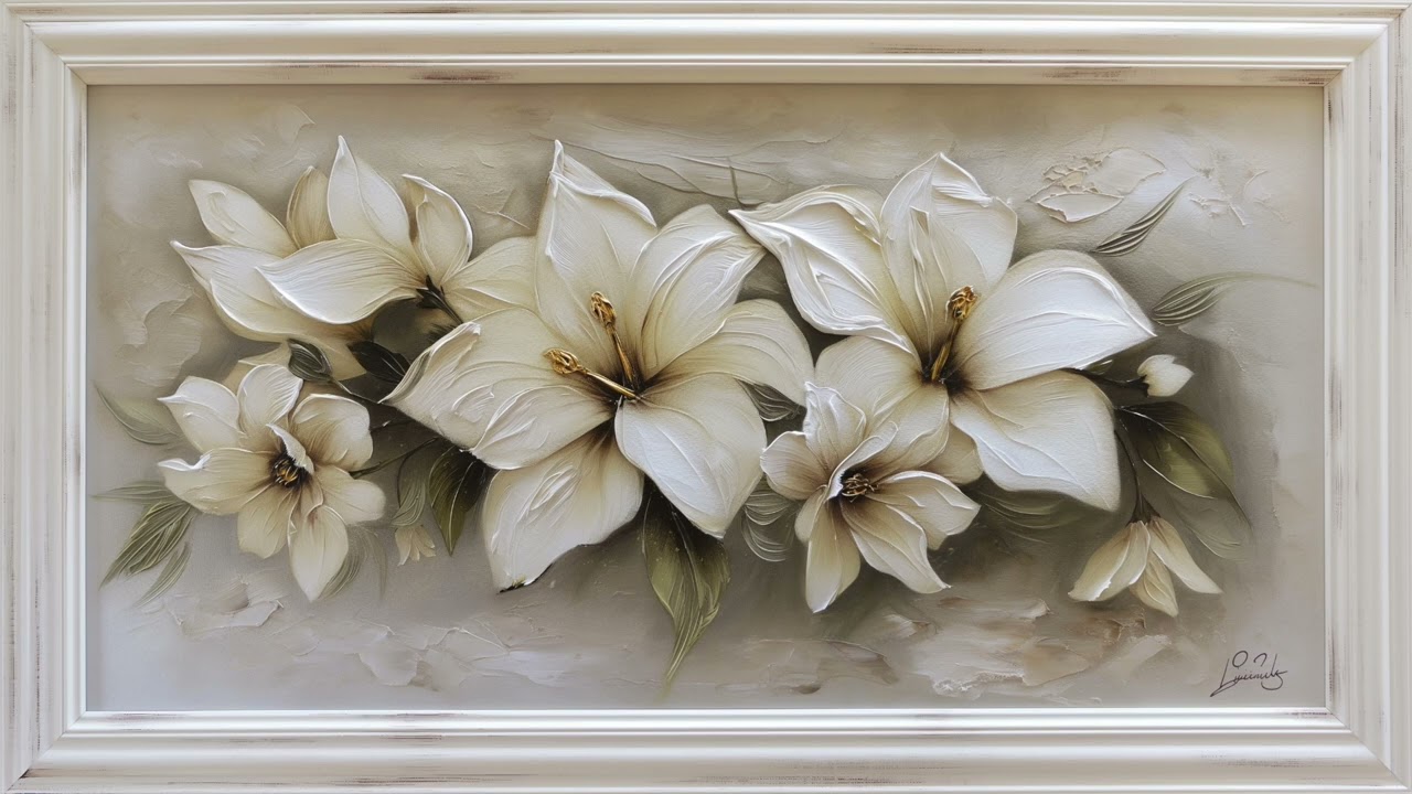 white flower painting with nice white frame / silence and long video