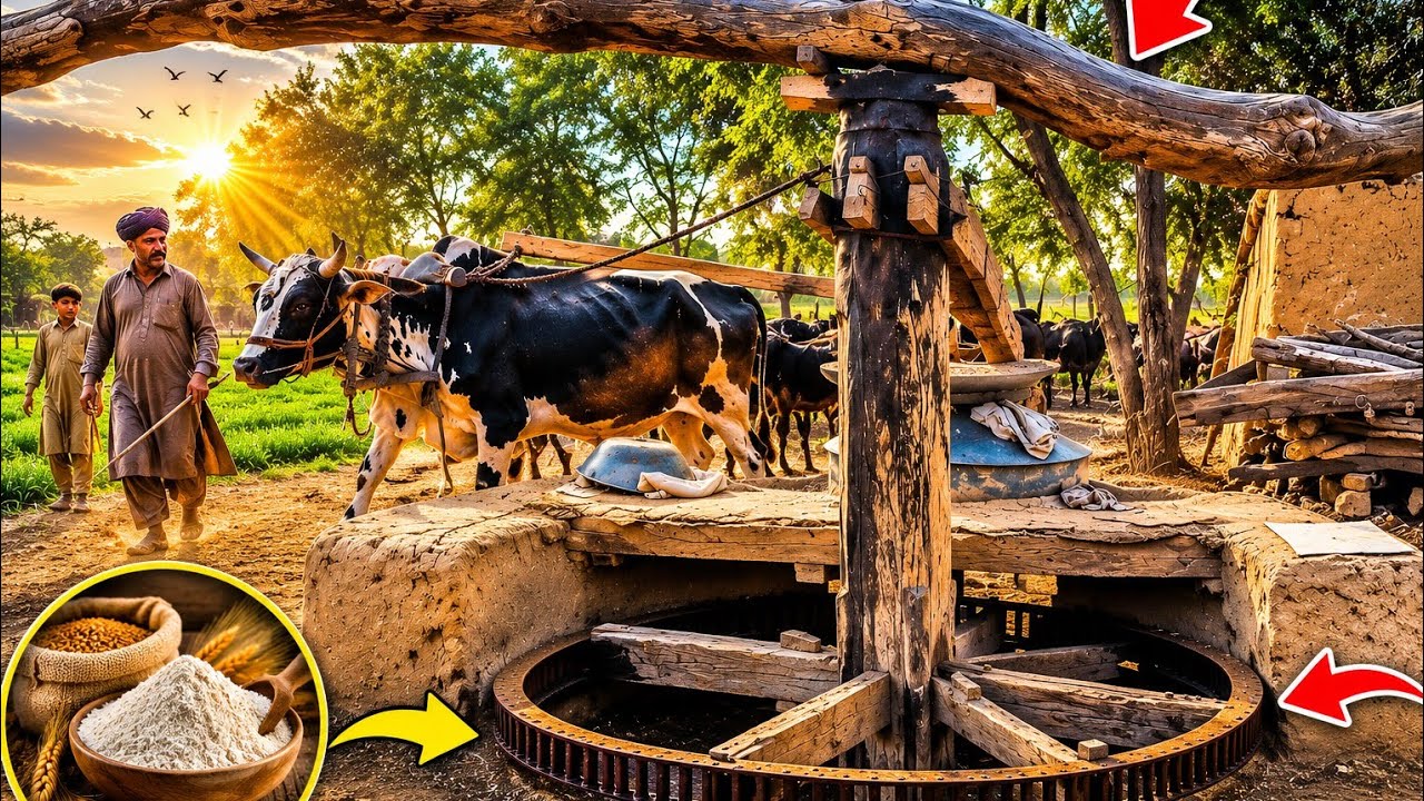 Bull Powered Flour Mill Grinding Wheat | Traditional Village Technology in Rural Punjab