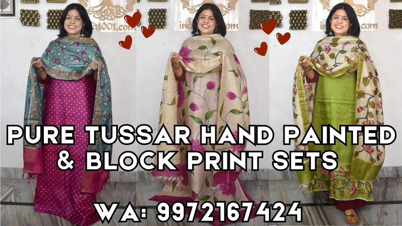 24Feb PURE TUSSAR HAND PAINTED & Block print sets. WA : 9972167424
