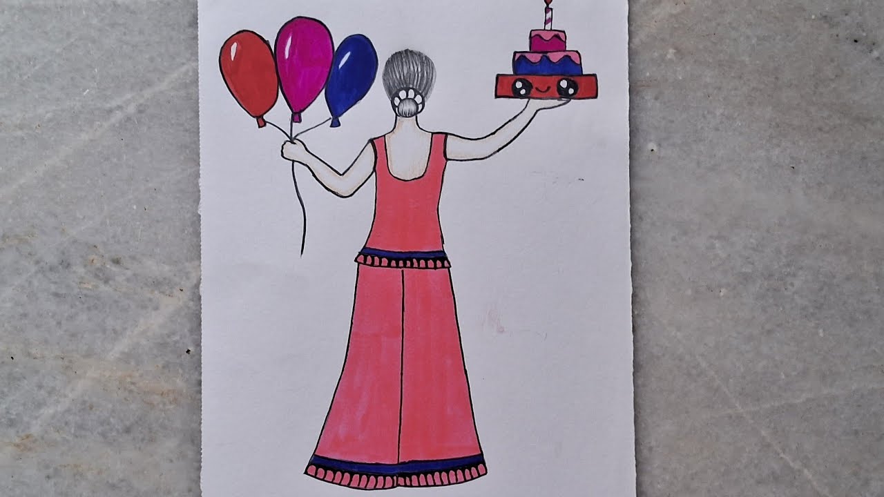 Easy  birthday girl with  cake drawing #easy #birthday #girl #with cake #easy #drawing  