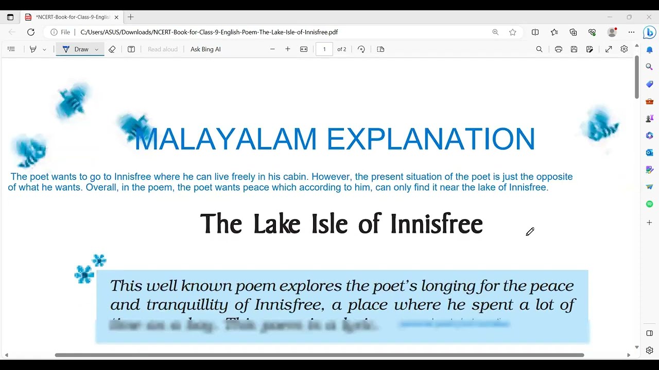 THE LAKE ISLE OF INNISFREE/MALAYALAM EXPLANATION NCERT ENGLISH CLASS 9 POEM