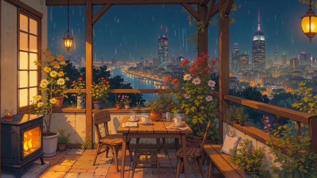 Cozy Night Balcony in Japan 🌙 Lofi Rain Sounds with Fireplace & Gentle Focus Music