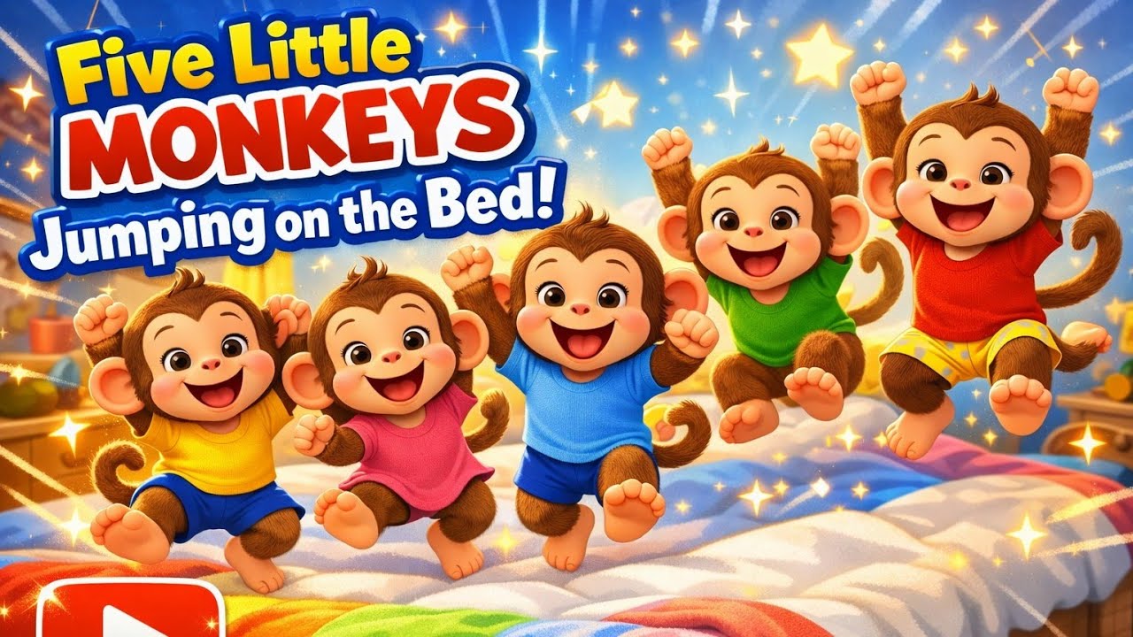 Five Little Monkeys Jumping on the Bed 🐵🛏️ | Fun Nursery Rhymes & Counting Songs for Children 🎵