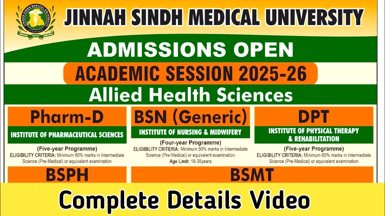 JSMU Karachi Admissions 2025&ndash;26 | Pharm-D, BSN, DPT, BSPH, BSMT | Eligibility, Dates, Apply Online