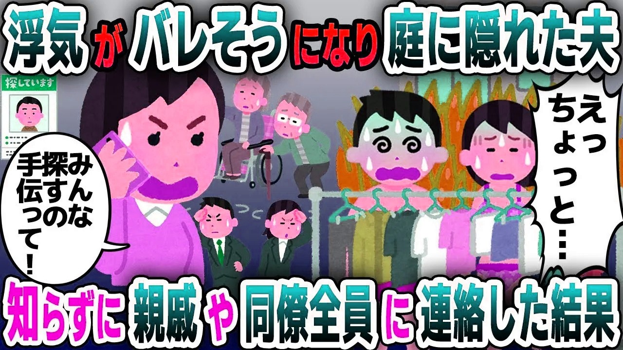 【スカッと総集編】自宅で浮気中に嫁が帰宅し庭に隠れた夫→何も知らない私が捜索願を出すととんでもないことにwww【2ch修羅場スレ・ゆっくり解説】