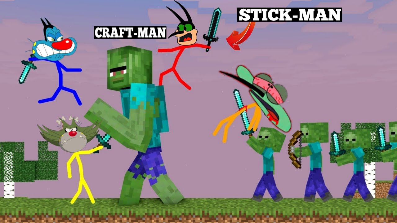 Stick-Man Oggy vs Mutant Minecraft Mobs | In Stick-Man vs Craft-Man