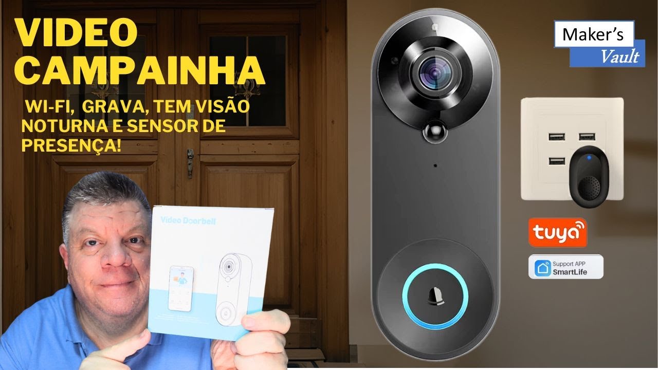 Campainha Inteligente Tuya Wi-Fi :Gravação, Visão Noturna e Sensor de Presença - Atenda pelo  app