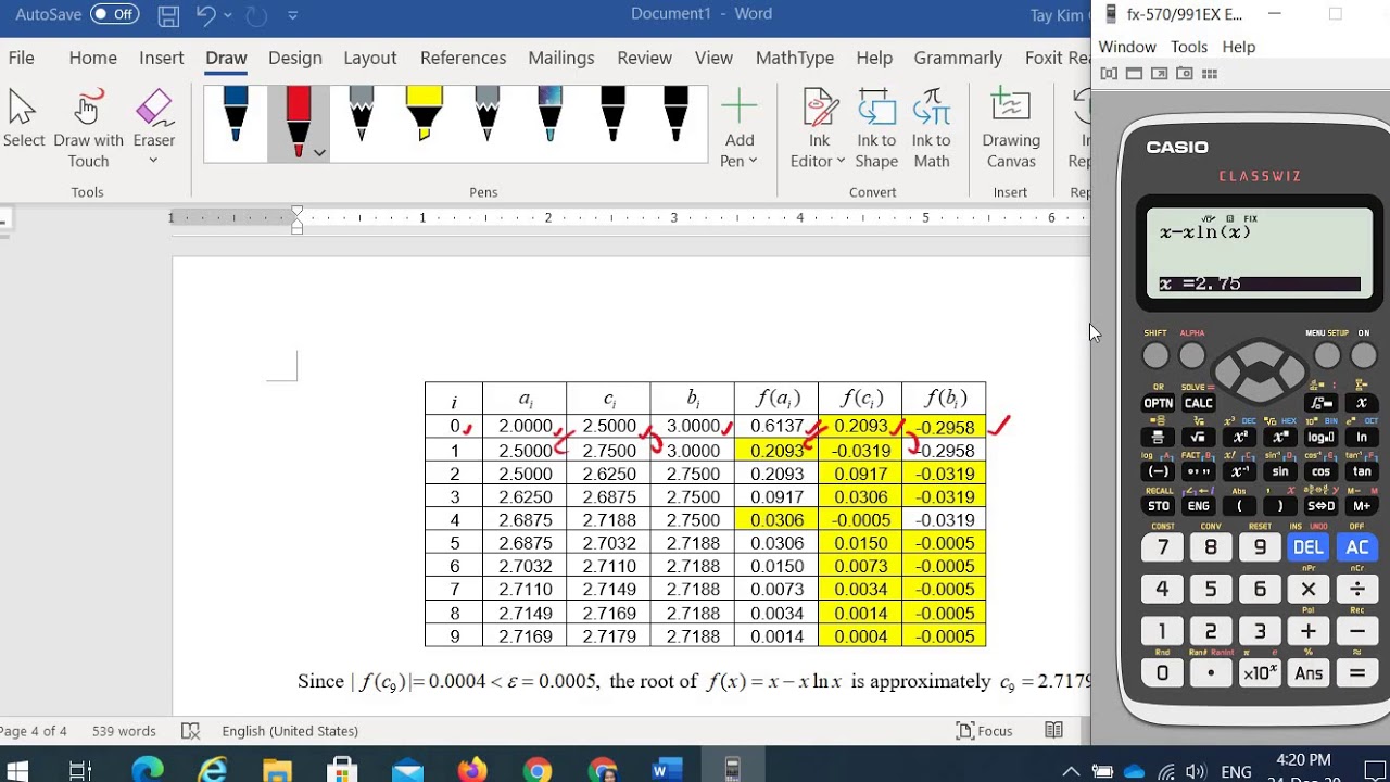 Bisection for nonlinear equations using Casio fx-570EX Classwiz calculator