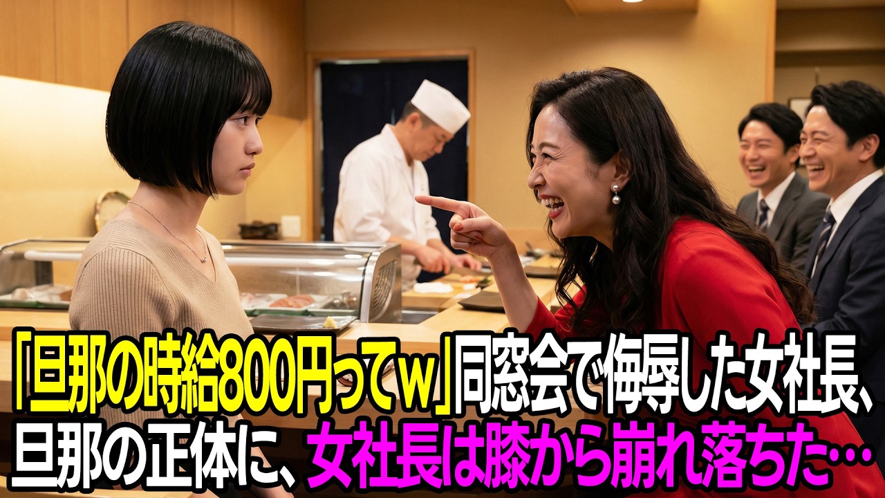 「時給800円の旦那、ここに来れるの？ｗ」高級寿司店で皆の前で恥をかかせた同級生の女社長。30秒後、現れた旦那の正体に、女社長は膝から崩れ落ちた…