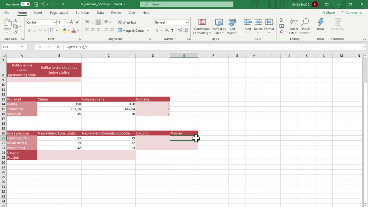 excel osnovne operacije