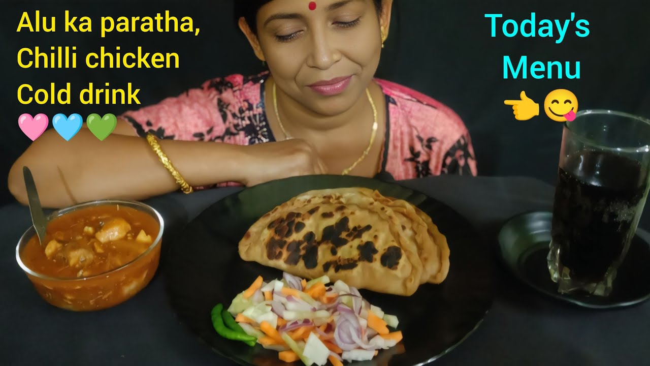 Eating alu ka paratha, chilli chicken, cold drink🤗| Asmr eating 