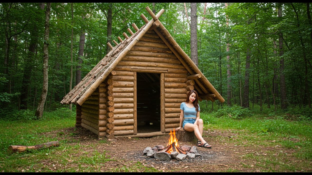 Young Woman Builds a Survival Log Cabin with Small Round Wooden Log - Bushcraft Shelter, Solo Built