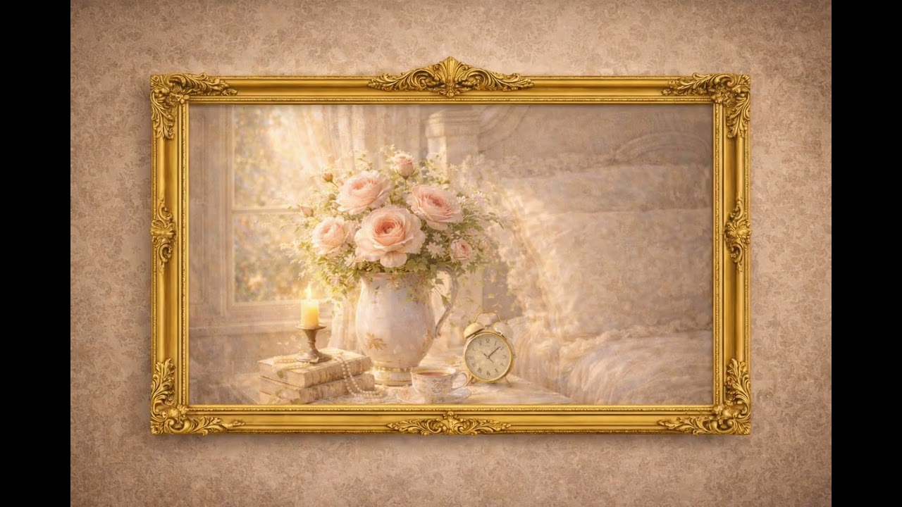 Vintage Gold Frame Floral Art Screensaver 🌸 Ivy Rose Blush | 4K Relaxing Wall Art