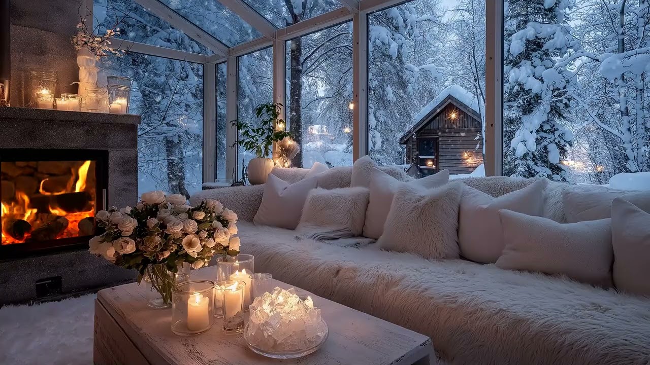 🎹 Winter Fireplace Piano | White Lounge Candles & Snowfall ❄️ 5 Hours | Relax Study Sleep Meditation