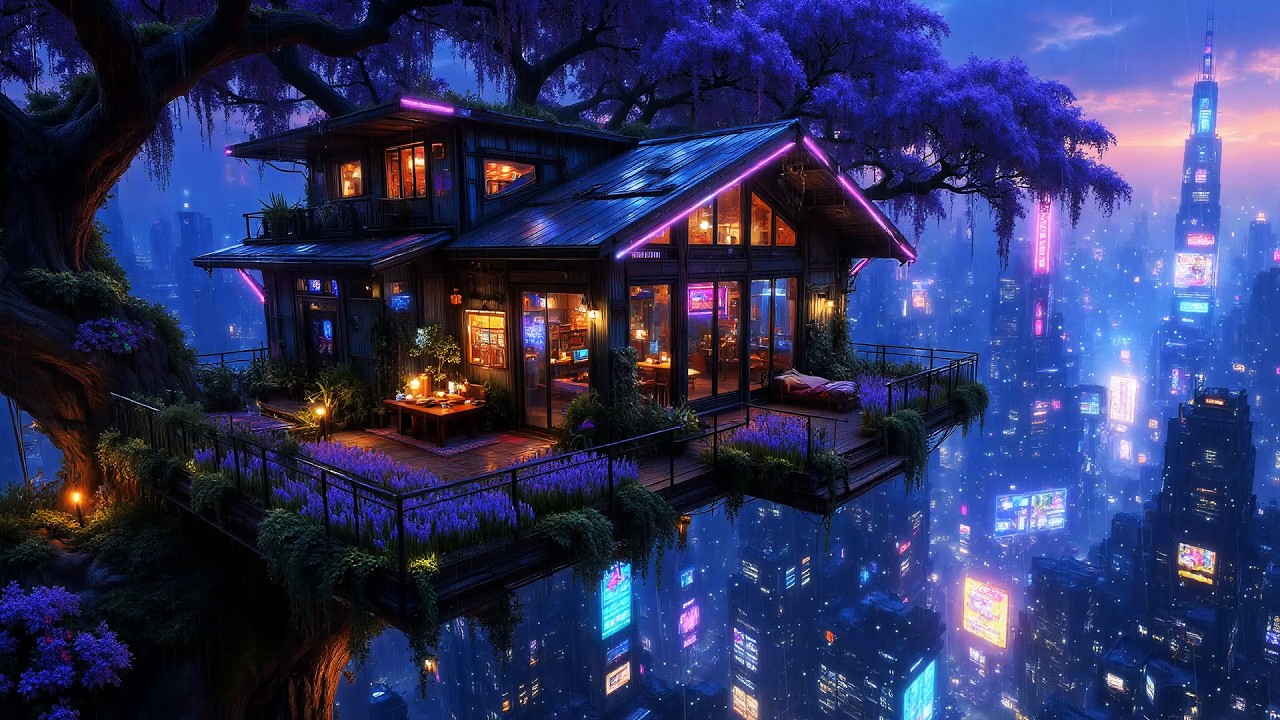 Lofi Ambient – Neon Cyberpunk Treehouse in a Soft Lavender Glow | Relaxing Night Study | 4K