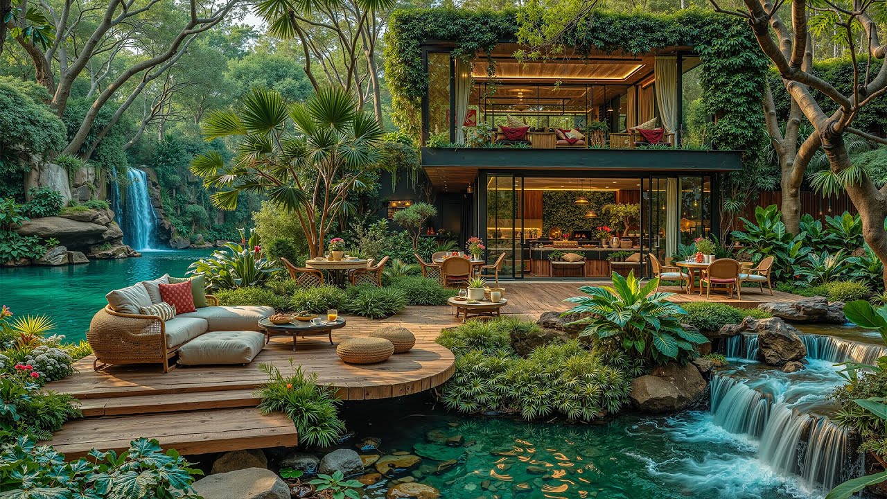 Calm Outdoor Coffee Shop Jazz at a Forest Villa 🍃 Smooth Jazz with Natural Ambience for Relaxation