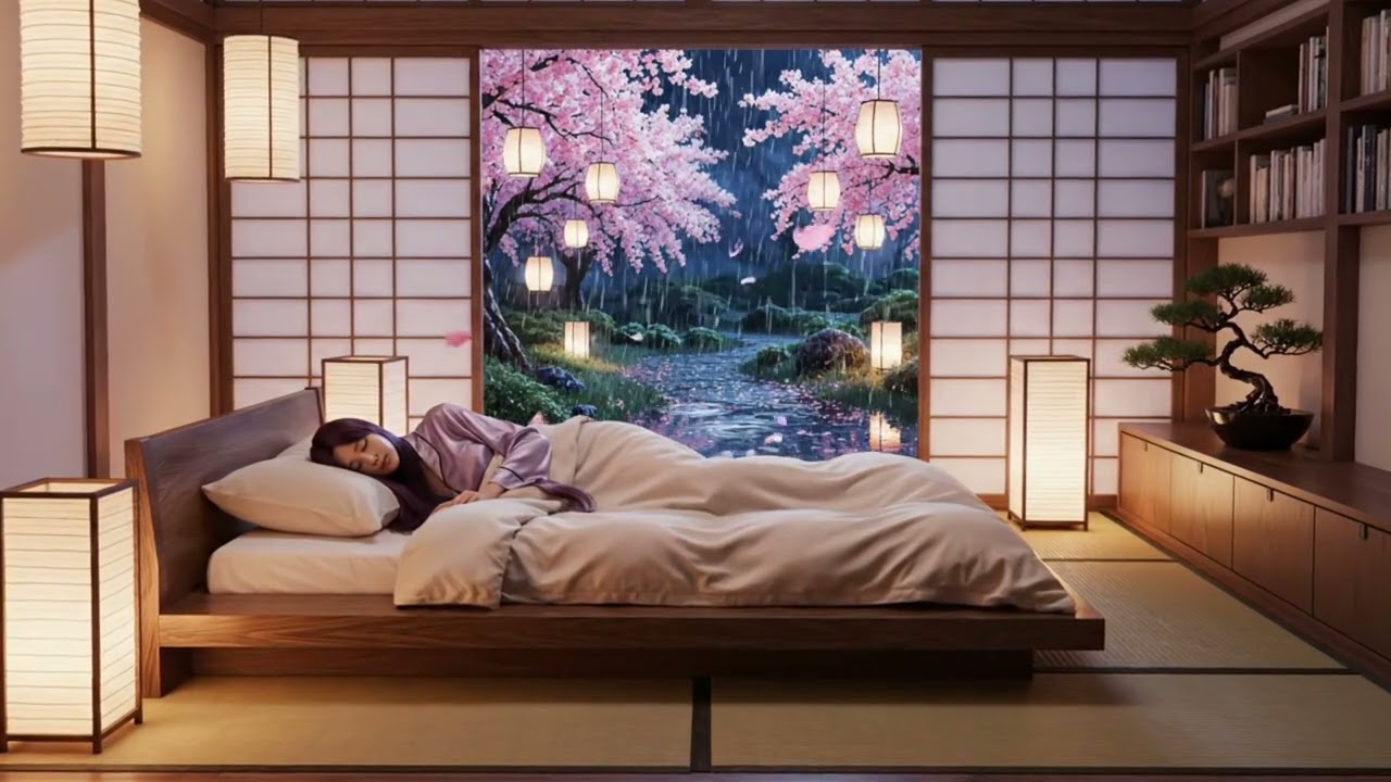 10 HOURS Luxury Night Relax Sleep Anime Lo Fi Room, Sakura in the Rain & Cozy Vibe
